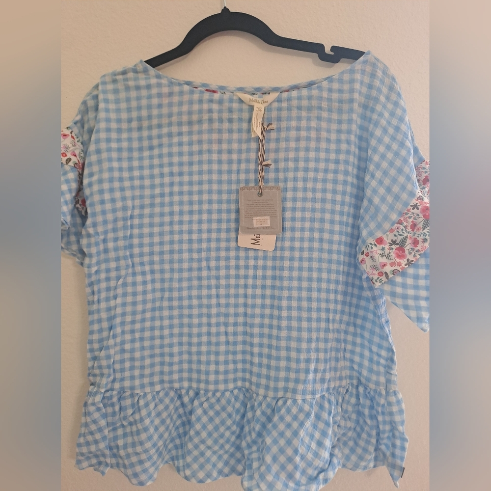 Matilda Jane Blue Gingham Blouse with Floral Trim
